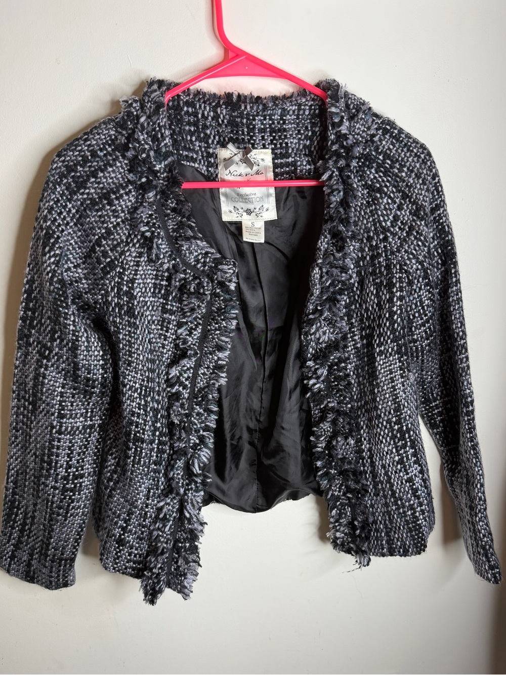 Nick & Mo Black and Gray Fringe Tweed Cardigan Jacket